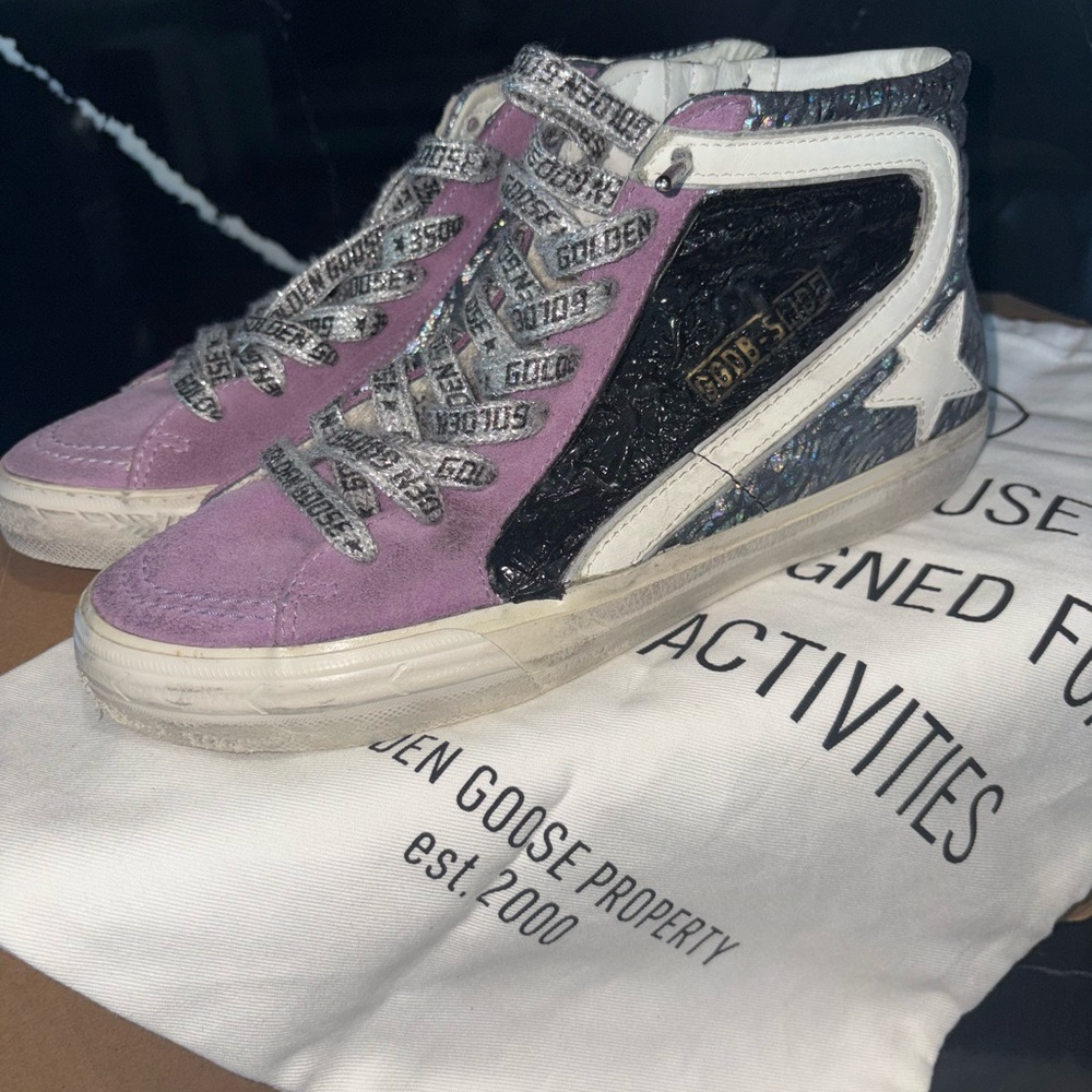 Golden Goose Purple and Black High-Tops with Star Detail.. comes w/Dust bag